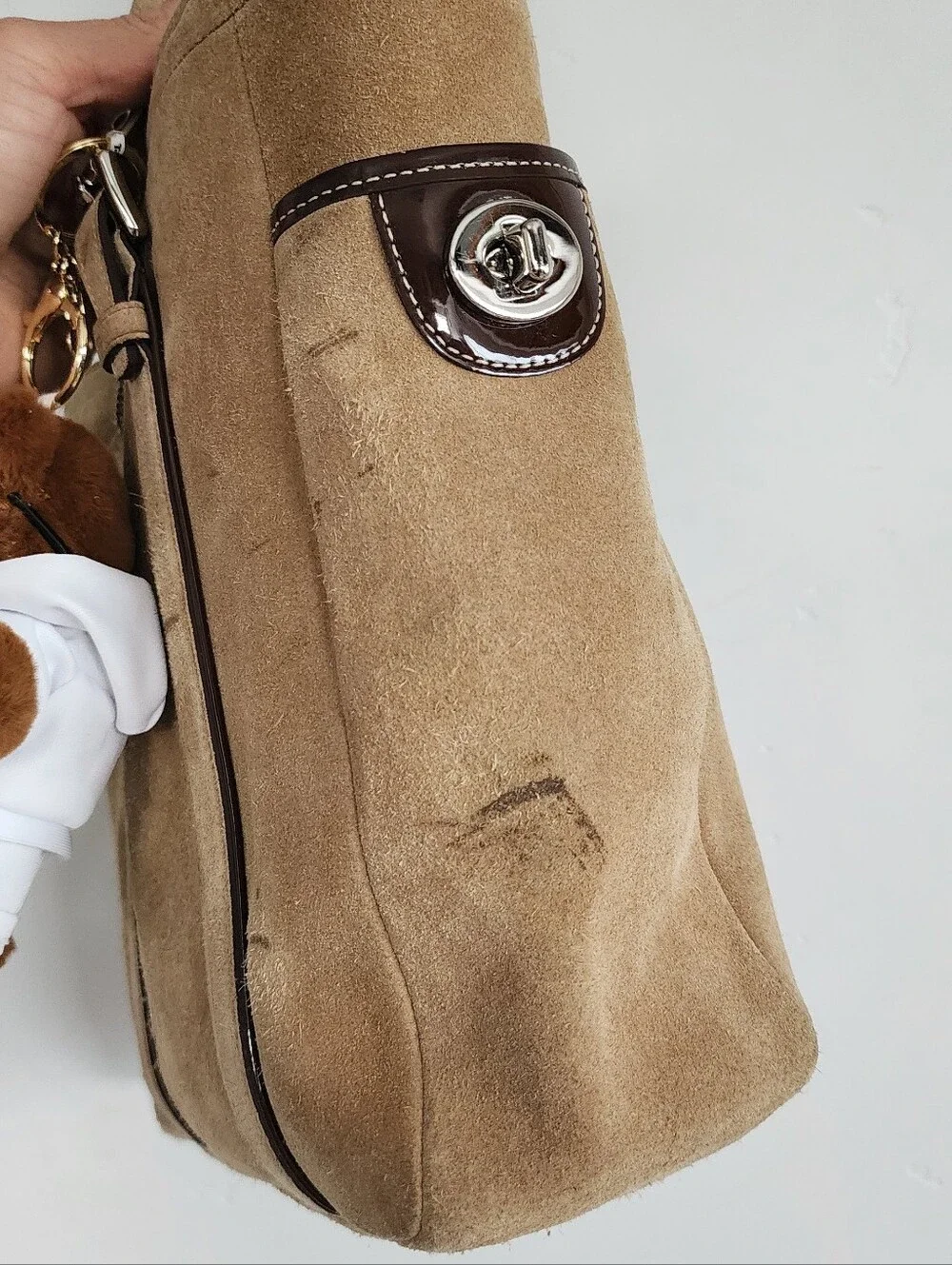 Coach Suede Tote in Camel Brown with Bear Charm